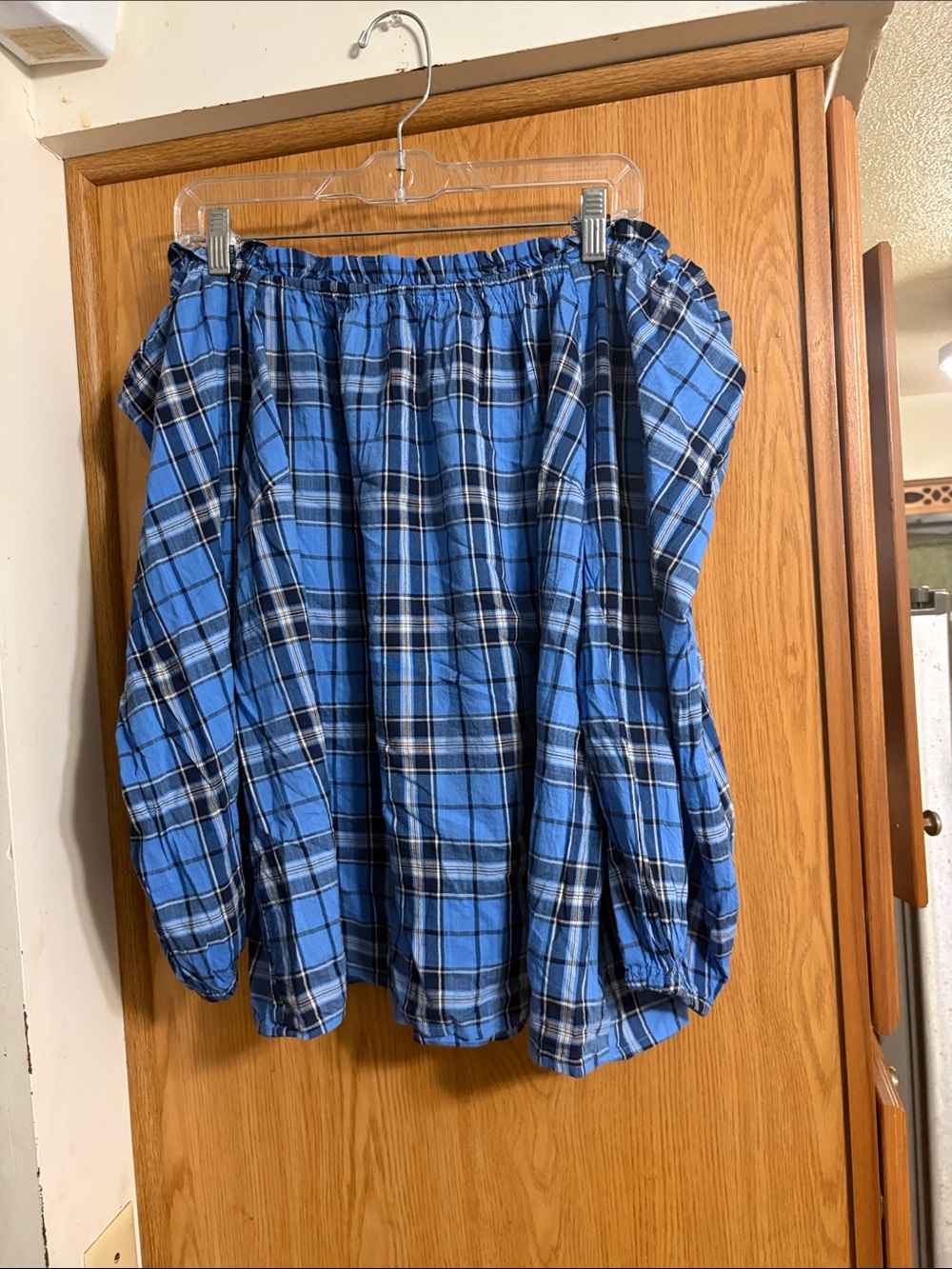St. John's Bay Blue and Black Plaid Circle top shoulder off